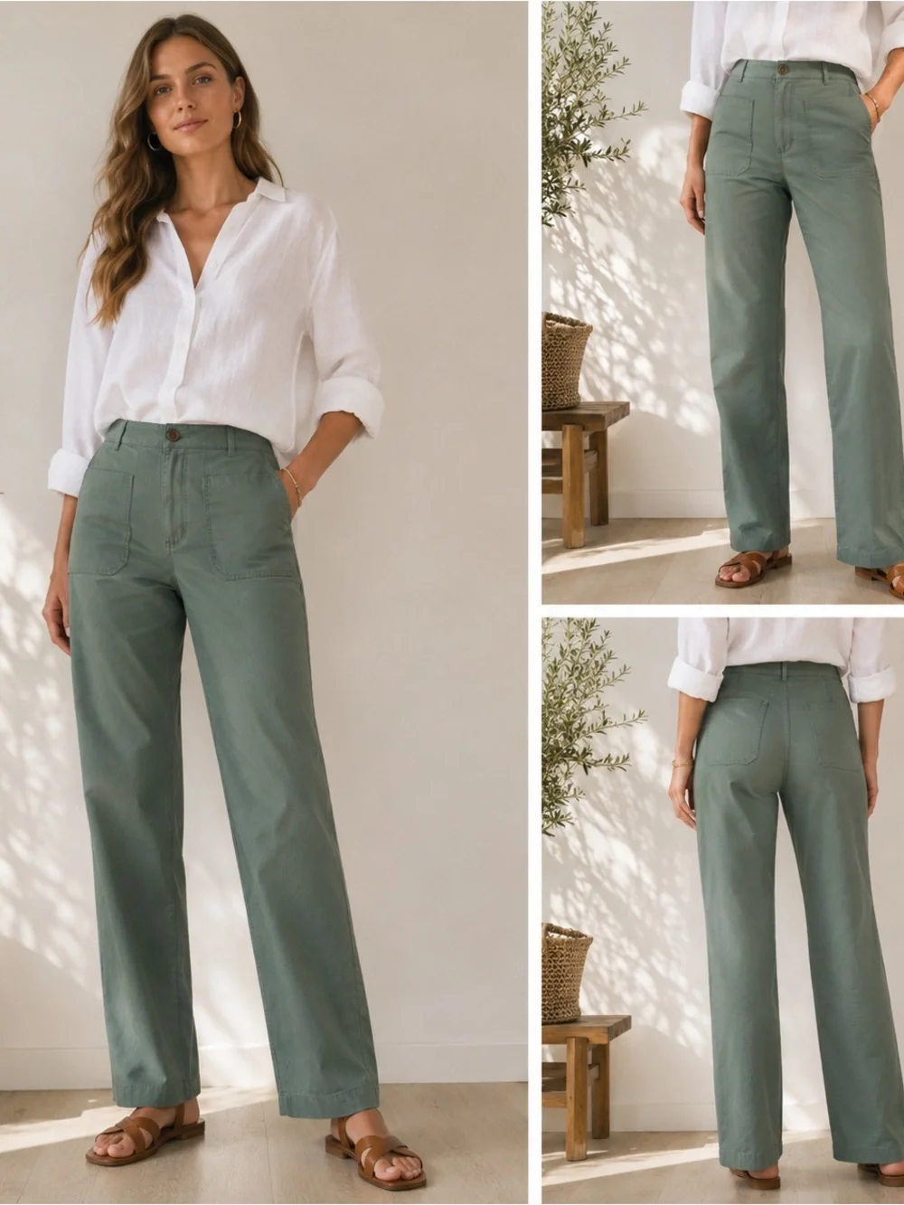 J.Crew High Rise Straight Leg Cotton Linen Patch-Pocket Pants Sage Green Size 34